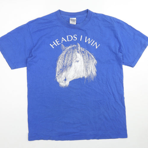 Gildan Mens Blue Cotton T-Shirt Size M Crew Neck - Heads I win tails you lose