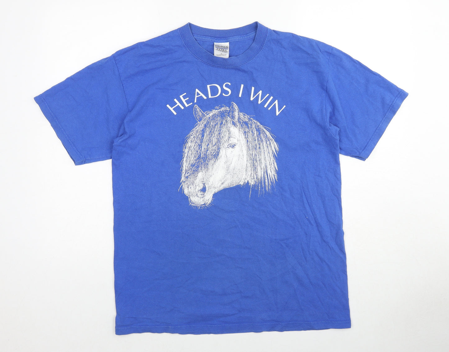 Gildan Mens Blue Cotton T-Shirt Size M Crew Neck - Heads I win tails you lose