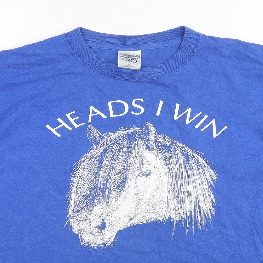 Gildan Mens Blue Cotton T-Shirt Size M Crew Neck - Heads I win tails you lose