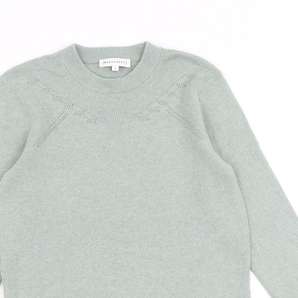 Warehouse Womens Green Round Neck Polyamide Pullover Jumper Size 8