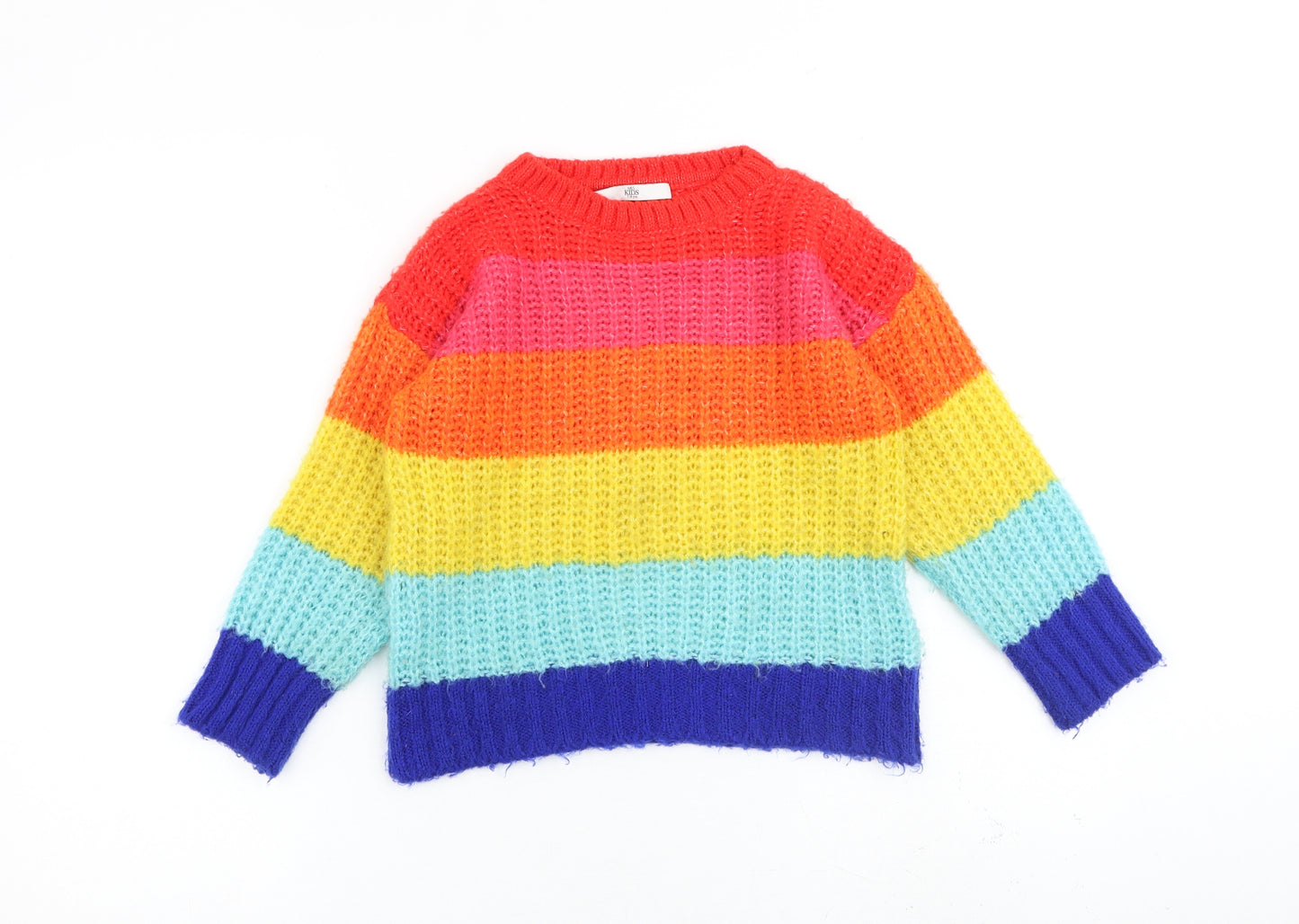 Marks and Spencer Girls Multicoloured Crew Neck Striped Acrylic Pullover Jumper Size 7-8 Years Pullover - Colourblock