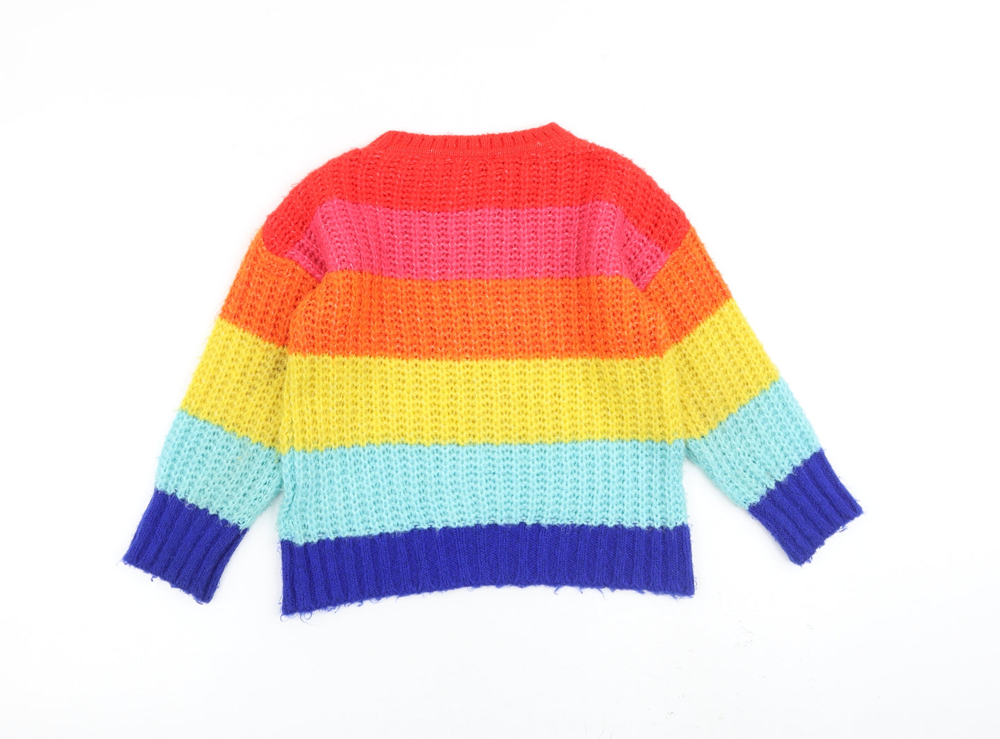 Marks and Spencer Girls Multicoloured Crew Neck Striped Acrylic Pullover Jumper Size 7-8 Years Pullover - Colourblock