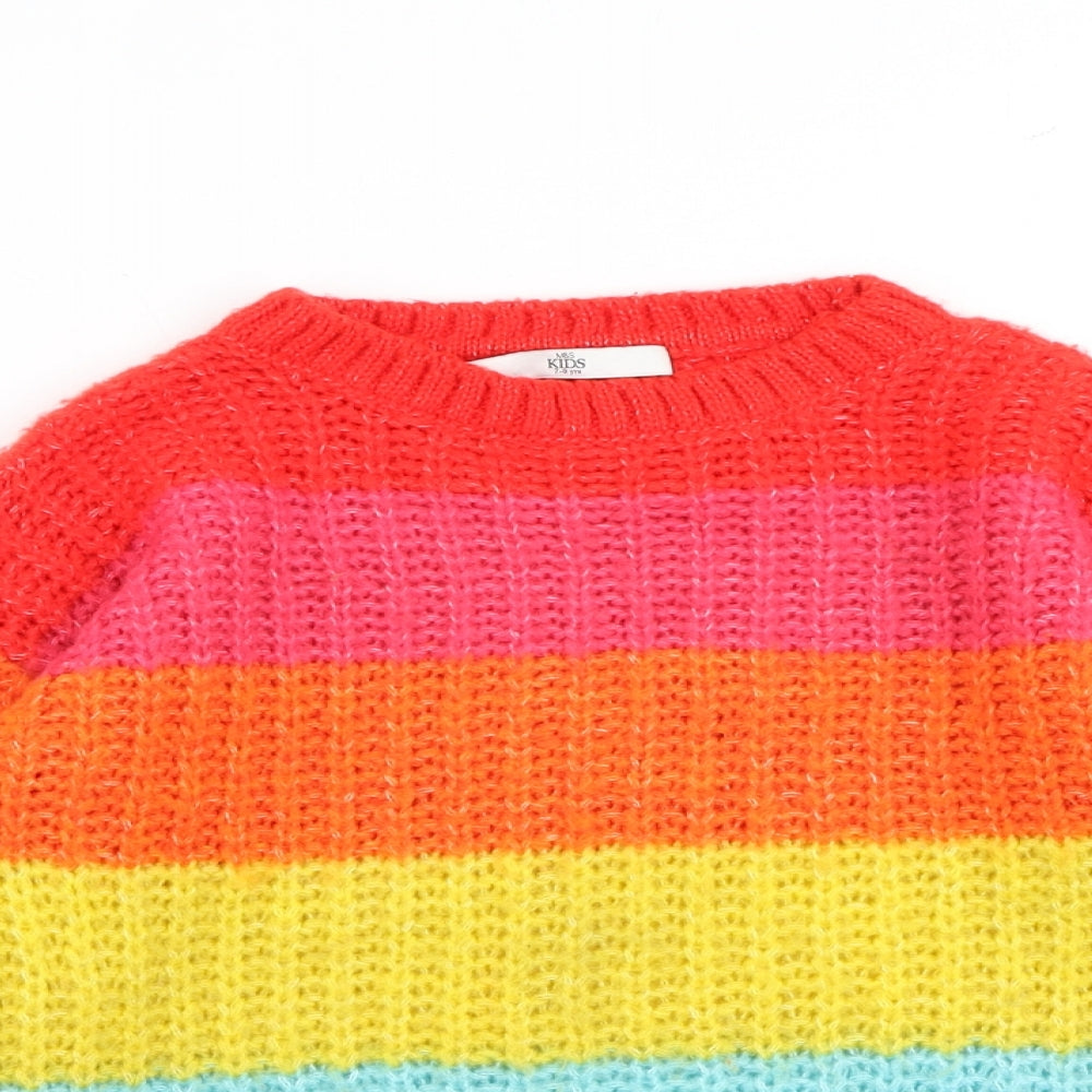 Marks and Spencer Girls Multicoloured Crew Neck Striped Acrylic Pullover Jumper Size 7-8 Years Pullover - Colourblock