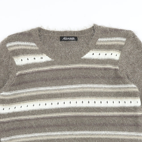 Alexara Womens Brown Round Neck Striped Acrylic Pullover Jumper Size M