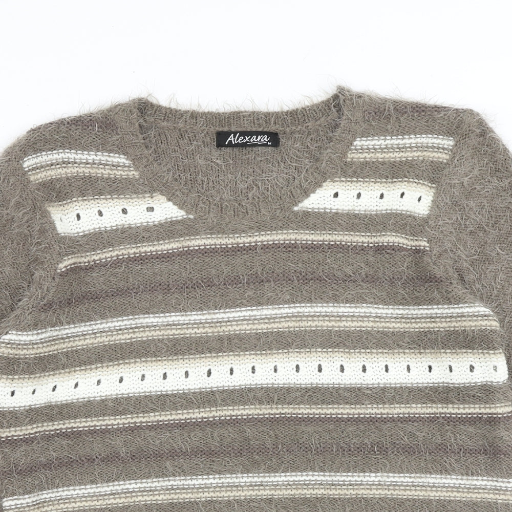 Alexara Womens Brown Round Neck Striped Acrylic Pullover Jumper Size M