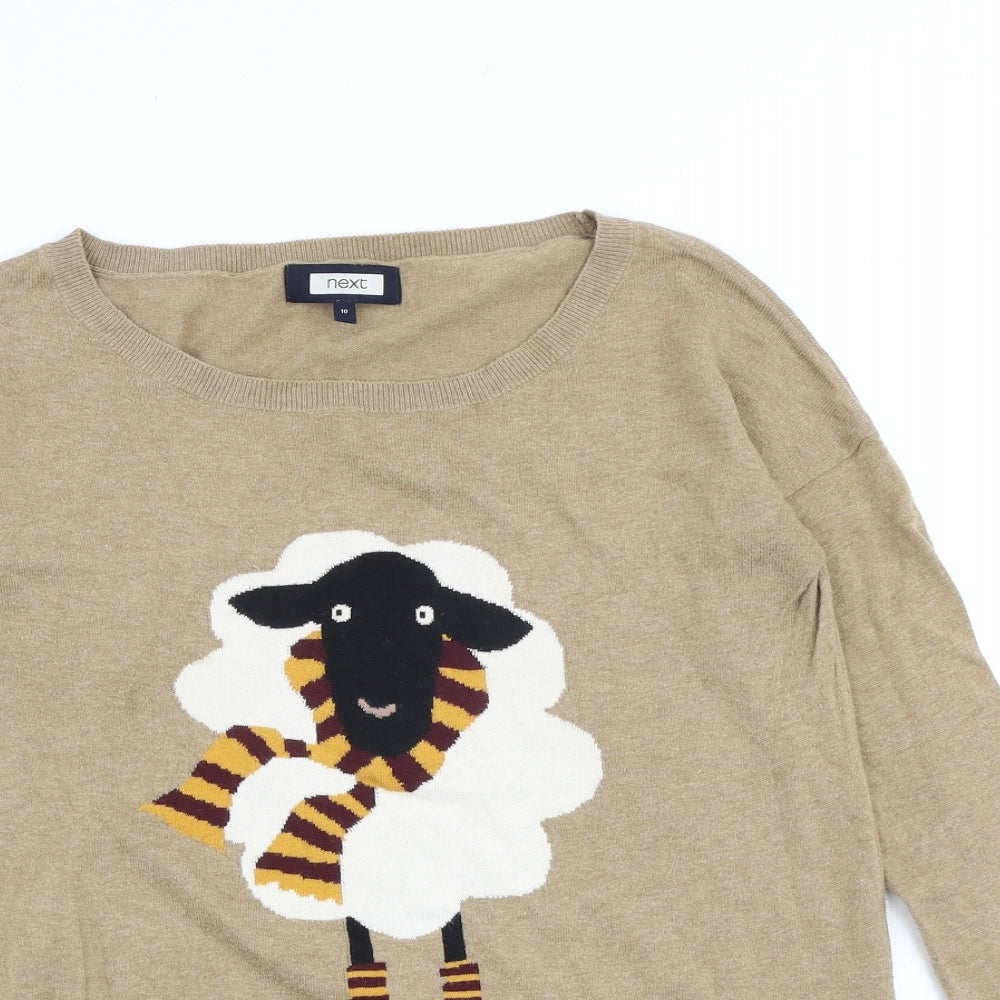 NEXT Womens Brown Round Neck 100% Cotton Pullover Jumper Size 10 - Sheep
