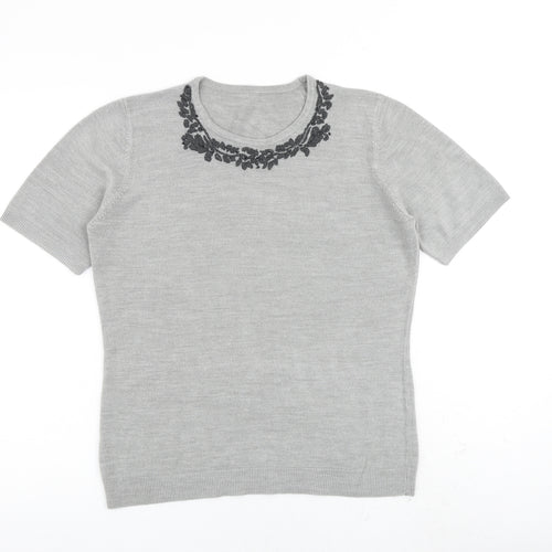 BHS Womens Grey Acrylic Basic T-Shirt Size 12 Round Neck - Floral Detail
