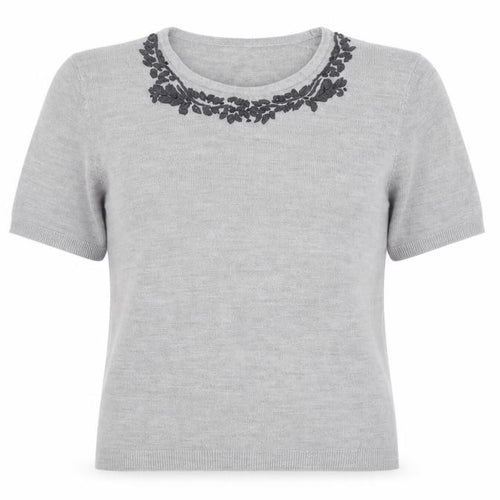 BHS Womens Grey Acrylic Basic T-Shirt Size 12 Round Neck - Floral Detail