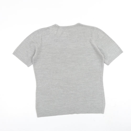 BHS Womens Grey Acrylic Basic T-Shirt Size 12 Round Neck - Floral Detail
