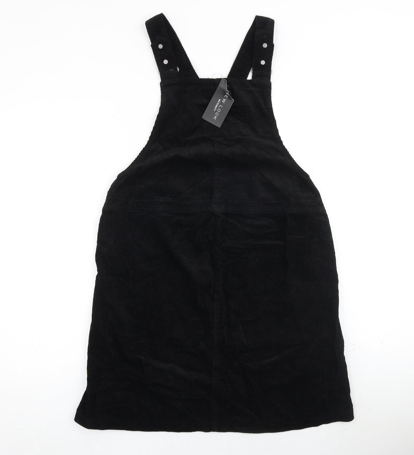 New Look Womens Black 100% Cotton Pinafore/Dungaree Dress Size 10 Square Neck Button