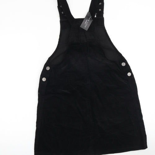 New Look Womens Black 100% Cotton Pinafore/Dungaree Dress Size 10 Square Neck Button