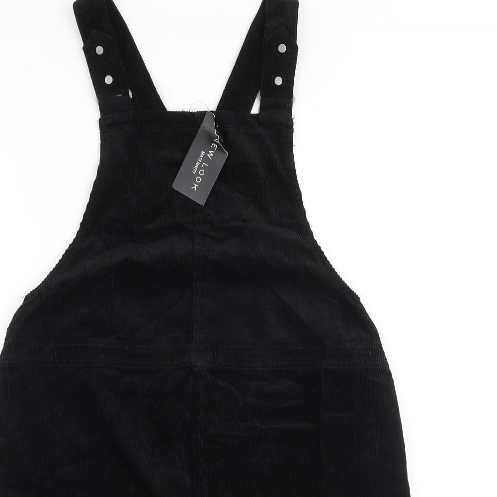 New Look Womens Black 100% Cotton Pinafore/Dungaree Dress Size 10 Square Neck Button