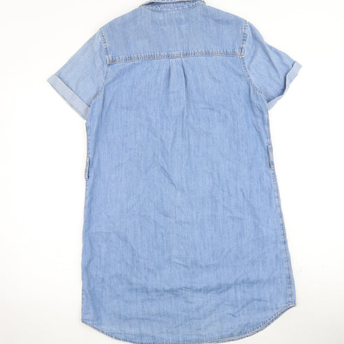 New Look Womens Blue 100% Cotton Shirt Dress Size 14 Collared Snap