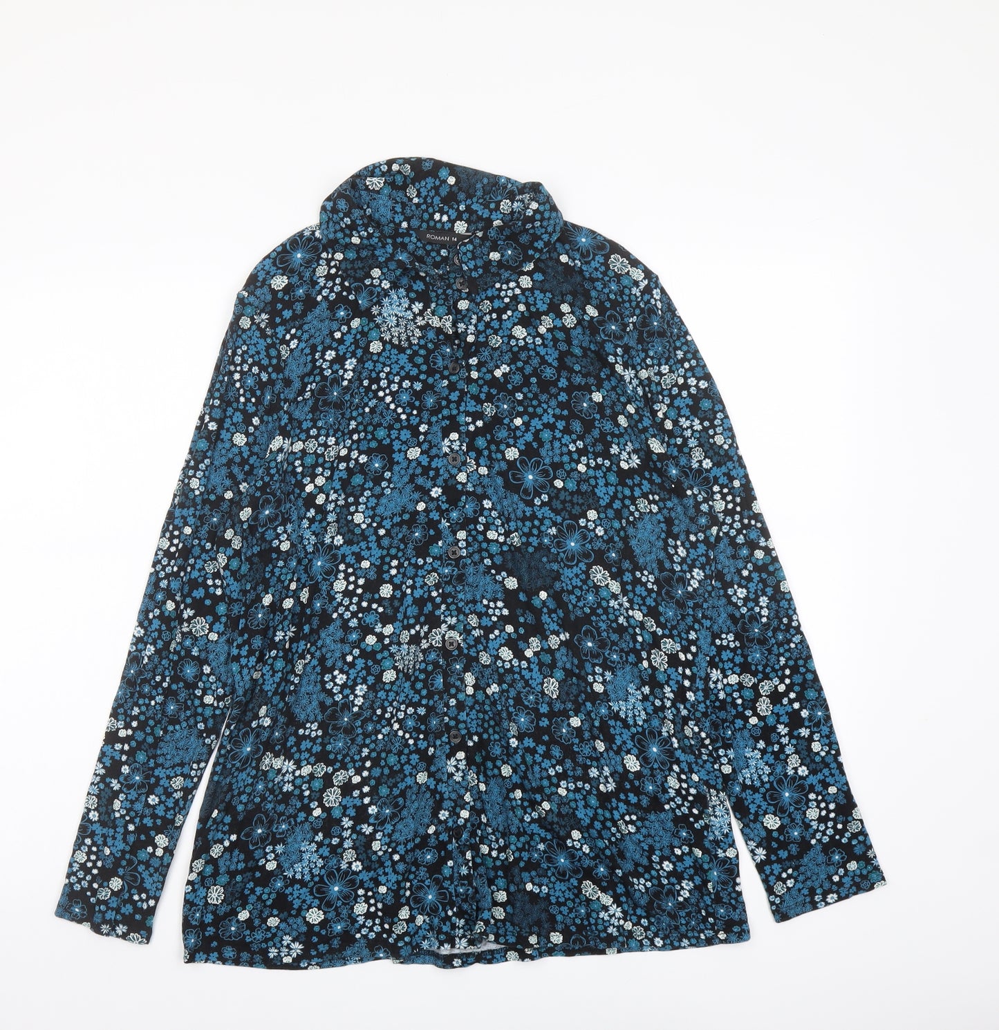Roman Womens Blue Floral Viscose Basic Blouse Size 14 Collared