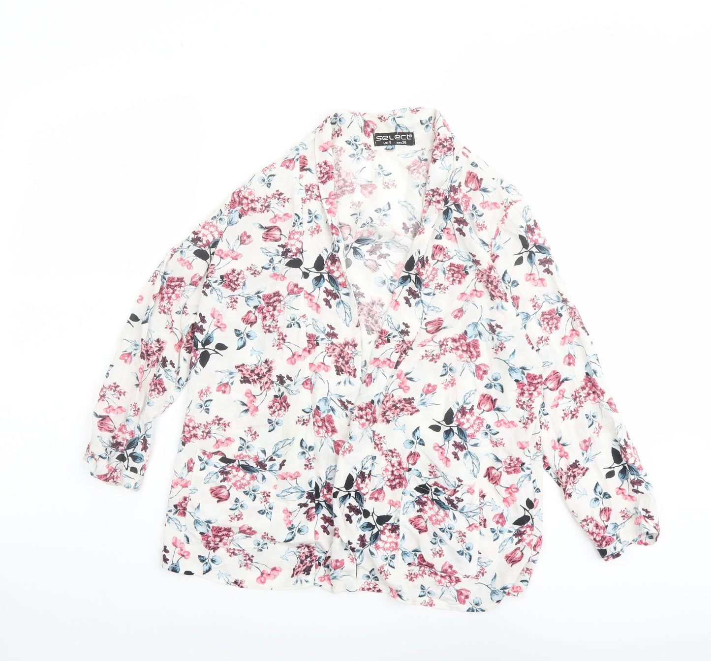 Select Womens White Floral Viscose Kimono Blouse Size 8 V-Neck