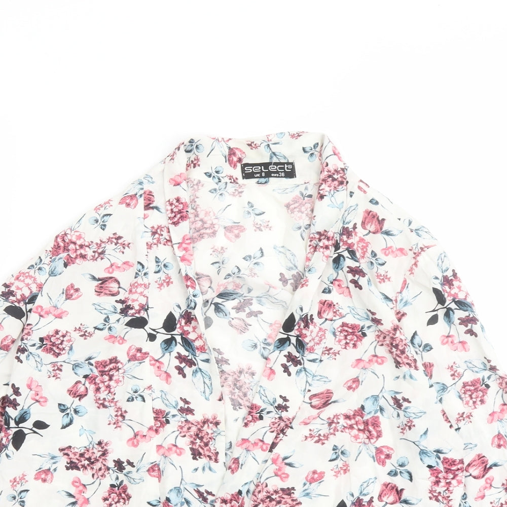 Select Womens White Floral Viscose Kimono Blouse Size 8 V-Neck