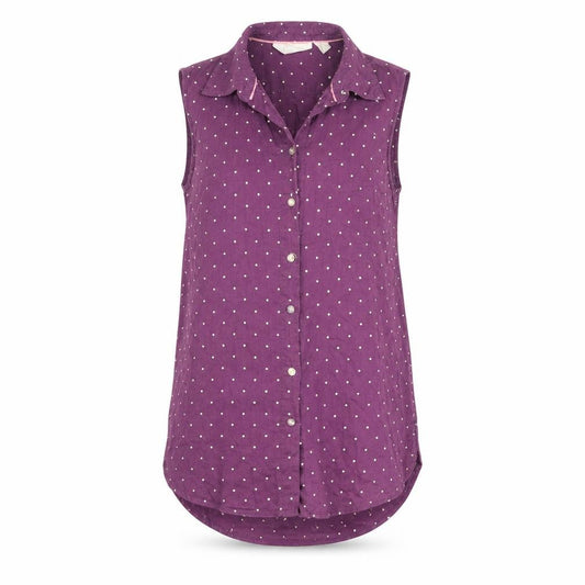 Front view of H&M women’s purple polka dot cotton basic button-up, size UK 8, collared