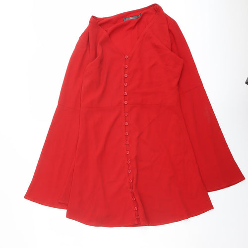 Missguided Womens Red Polyester A-Line Size 8 V-Neck Button - Bell Sleeve