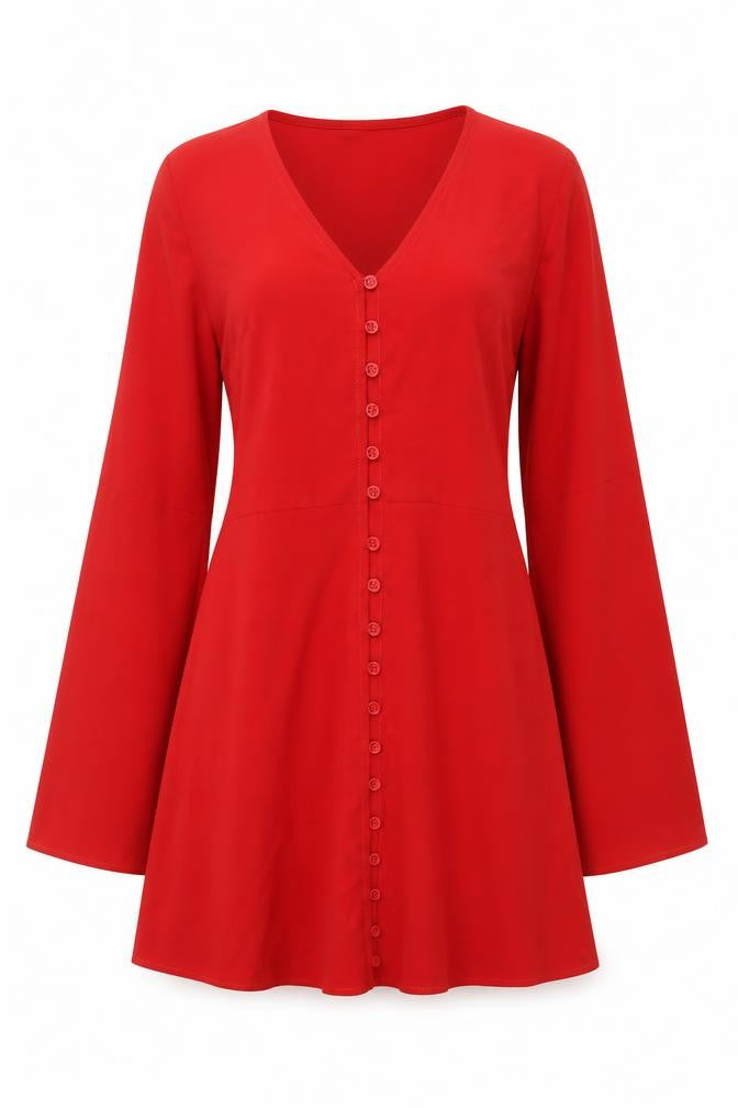 Front view of Missguided women’s red polyester a-line, size UK 8, v-neck button - bell sleeve