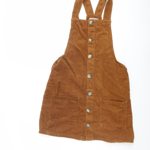 Denim & Co. Womens Brown Cotton Pinafore/Dungaree Dress Size 10 Square Neck Button