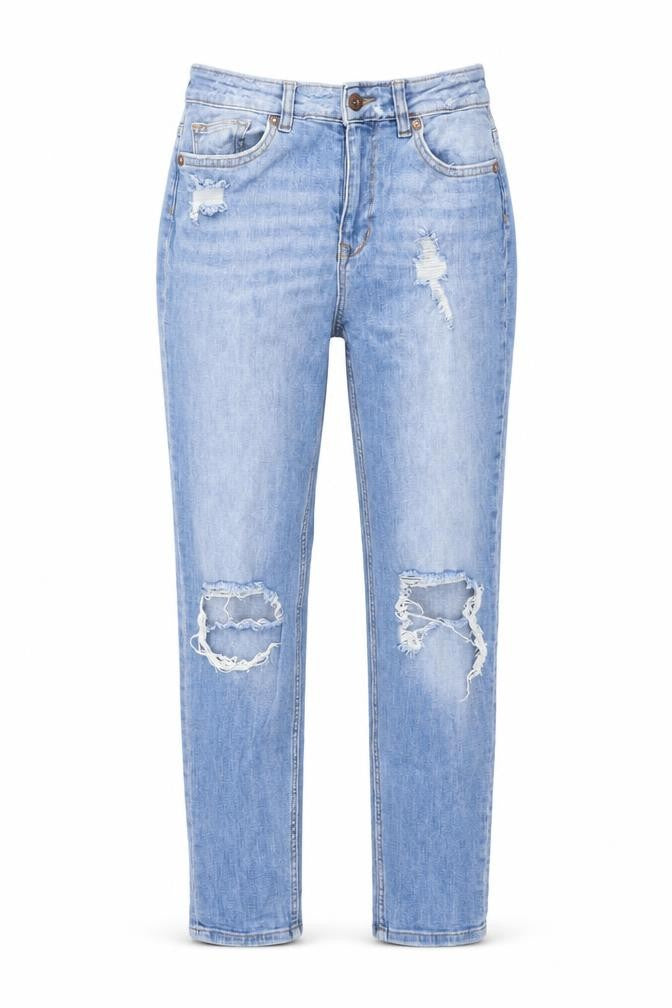 Front view of H&M women’s blue cotton straight jeans, size UK 6, 27-inch leg regular button