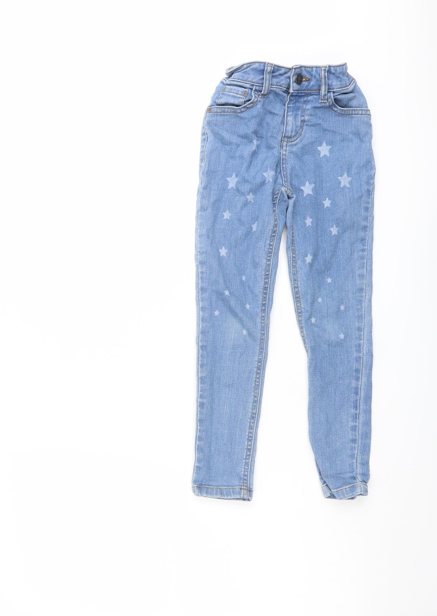 Marks and Spencer Girls Blue Cotton Skinny Jeans Size 6-7 Years Regular Button - Star Print