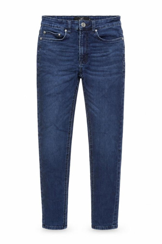 Front view of NEXT women’s blue cotton skinny jeans, size UK 27, in, 33-inch leg regular button