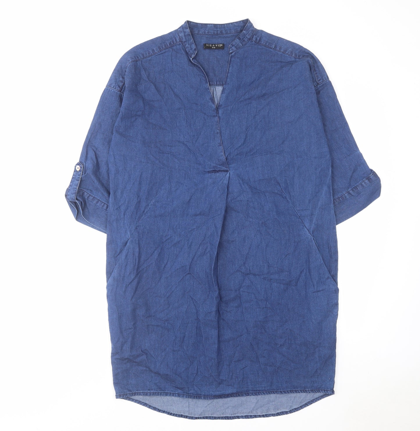VIZ-A-VIZ Womens Blue Cotton Kaftan Size 8 V-Neck Pullover