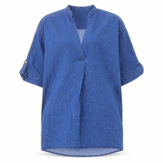 Front view of VIZ-A-VIZ women’s blue cotton kaftan, size UK 8, v-neck pullover