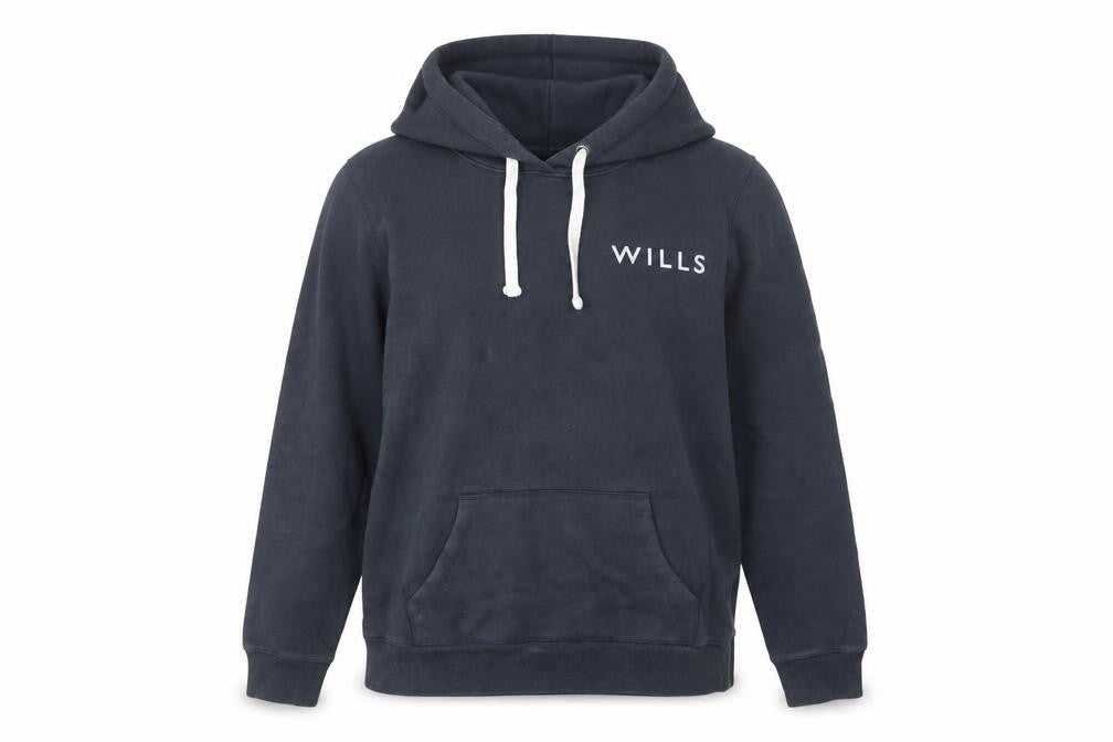 Front view of Jack Wills women’s blue cotton pullover hoodie, size UK 8, pullover - front & back logo drawstring pocket