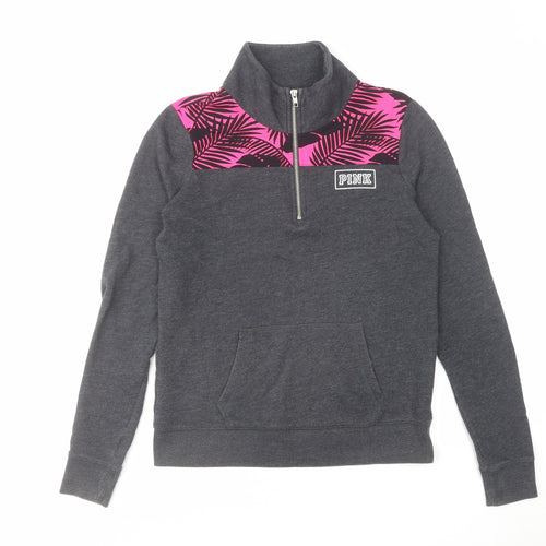 PINK Womens Grey Cotton Pullover Sweatshirt Size XS Zip - Leaf Pattern Detail