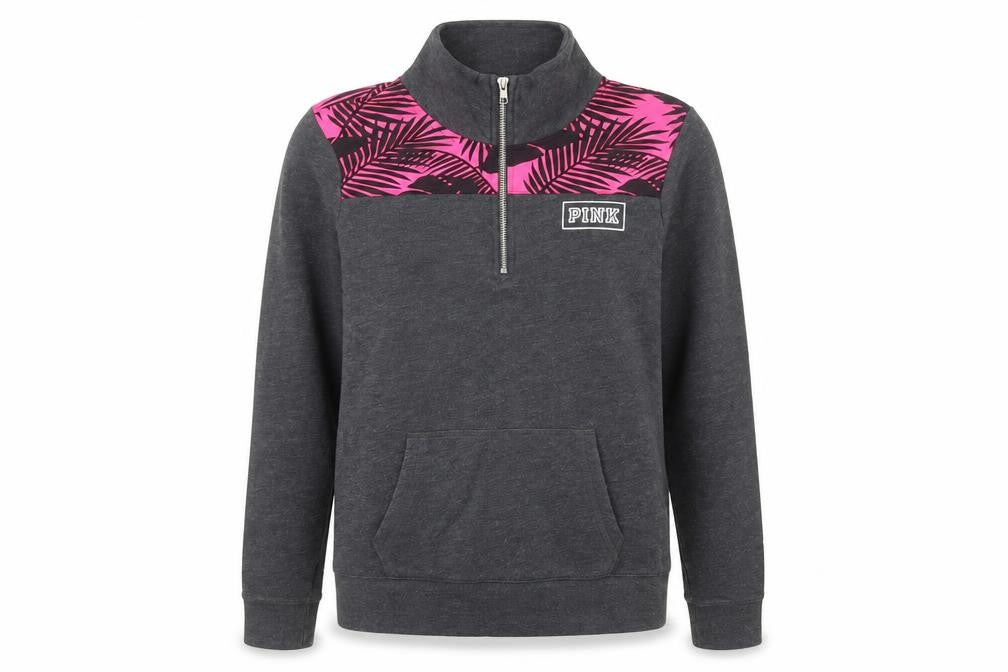 Front view of PINK women’s grey cotton pullover sweatshirt, size XS, zip - leaf pattern detail