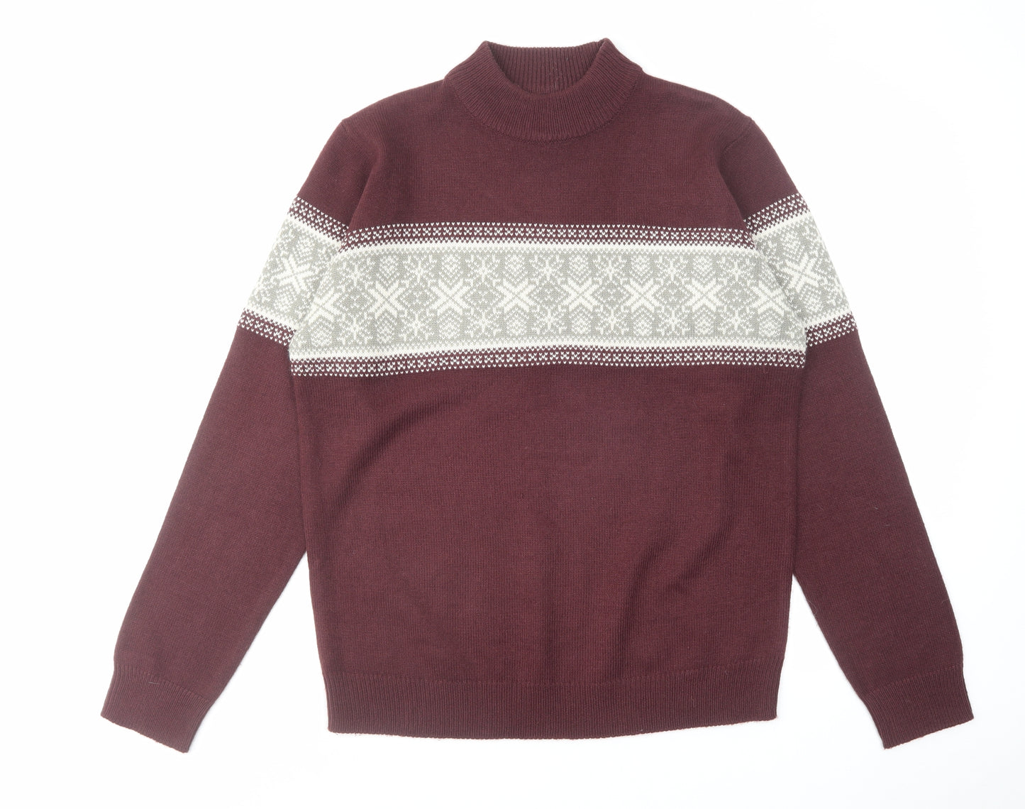 Threadbare Mens Red Mock Neck Fair Isle Acrylic Pullover Jumper Size L Long Sleeve