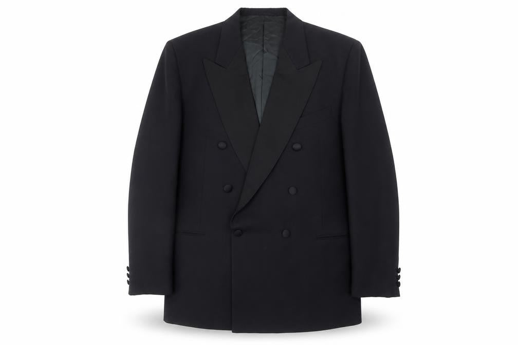 Front view of Studio men’s blue wool tuxedo suit jacket, size 40, regular
