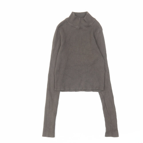Pull&Bear Womens Grey Polyester Basic T-Shirt Size XS Mock Neck - Ribbed