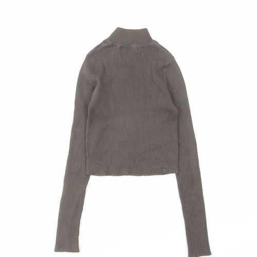 Pull&Bear Womens Grey Polyester Basic T-Shirt Size XS Mock Neck - Ribbed
