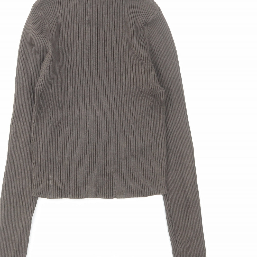 Pull&Bear Womens Grey Polyester Basic T-Shirt Size XS Mock Neck - Ribbed