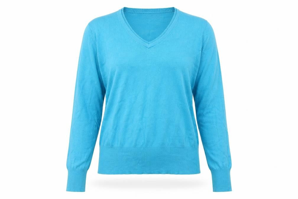 Front view of Debenhams women’s blue v-neck viscose jumper, size UK 14