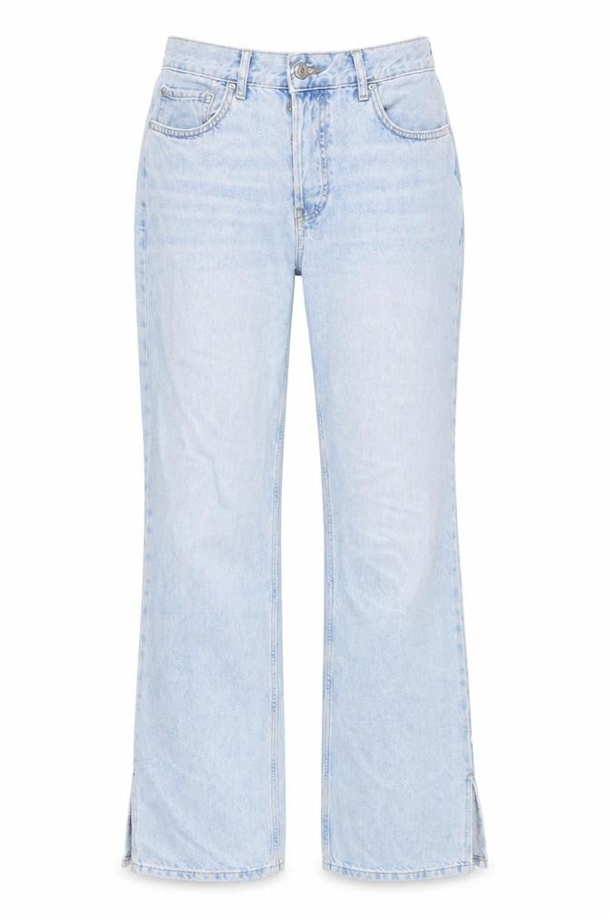 Front view of Denim & Co. women’s blue cotton bootcut jeans, size UK 12, 32-inch leg regular button