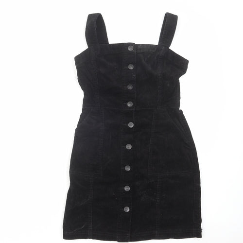 H&M Womens Black Cotton Pinafore/Dungaree Dress Size 4 Square Neck Button