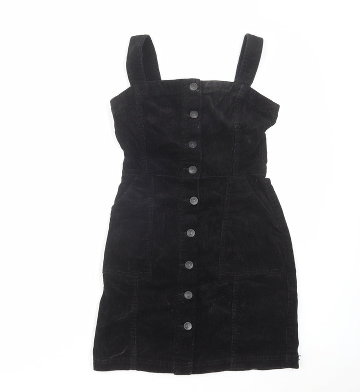 H&M Womens Black Cotton Pinafore/Dungaree Dress Size 4 Square Neck Button