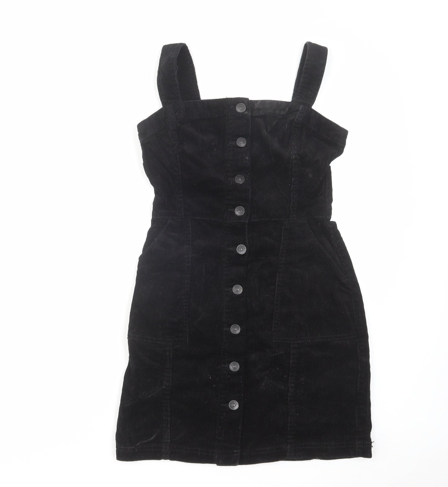 H&M Womens Black Cotton Pinafore/Dungaree Dress Size 4 Square Neck Button
