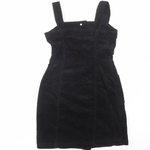 H&M Womens Black Cotton Pinafore/Dungaree Dress Size 4 Square Neck Button
