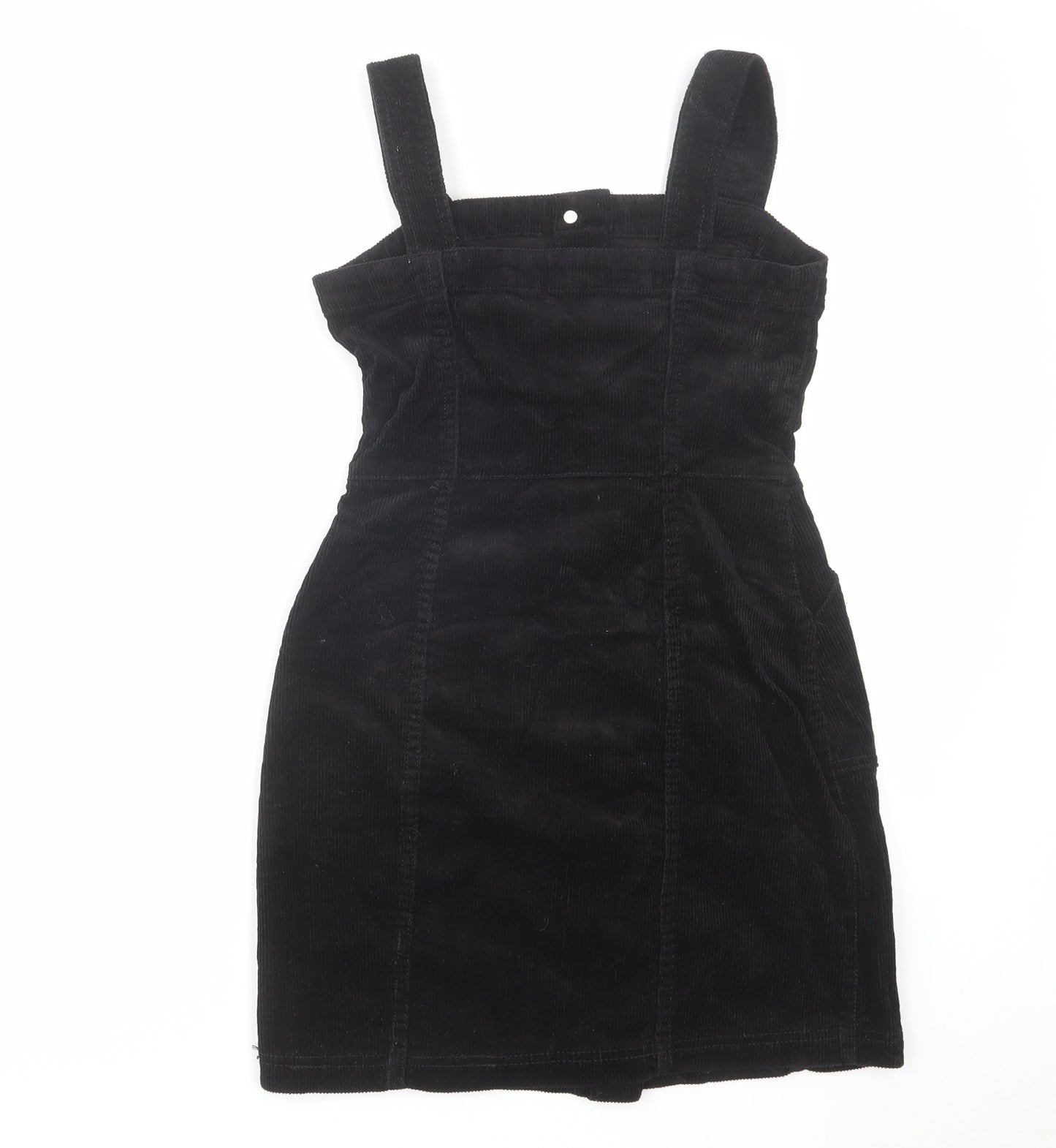 H&M Womens Black Cotton Pinafore/Dungaree Dress Size 4 Square Neck Button