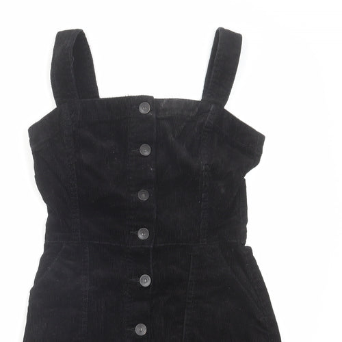 H&M Womens Black Cotton Pinafore/Dungaree Dress Size 4 Square Neck Button