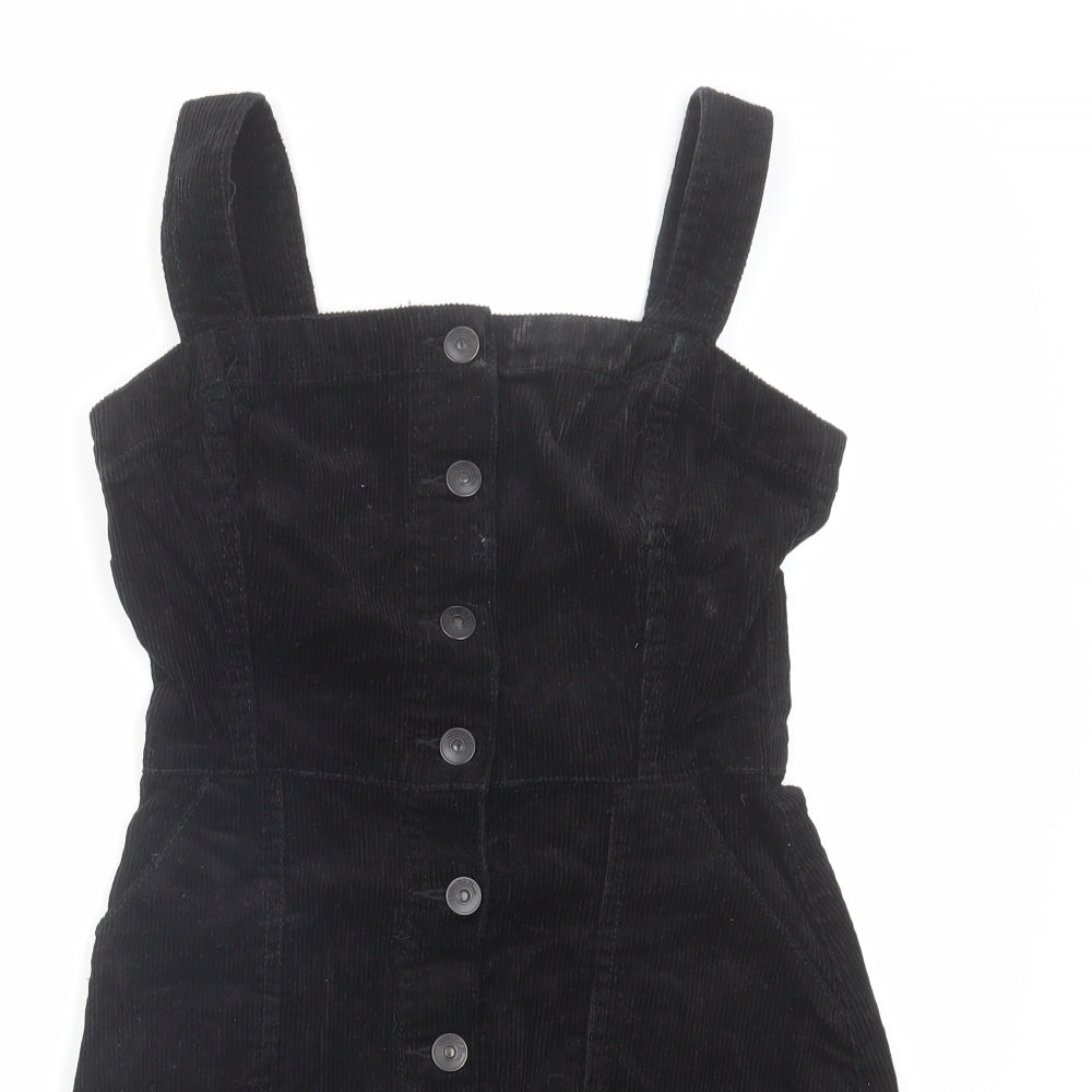 H&M Womens Black Cotton Pinafore/Dungaree Dress Size 4 Square Neck Button