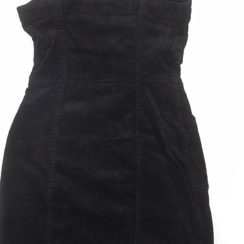 H&M Womens Black Cotton Pinafore/Dungaree Dress Size 4 Square Neck Button