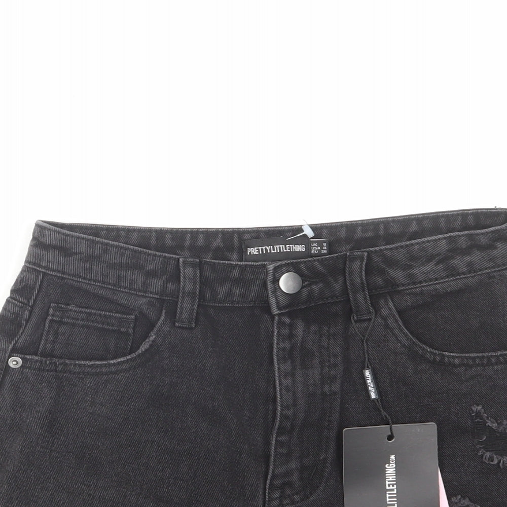 PRETTYLITTLETHING Womens Black Cotton Cut-Off Shorts Size 8 L3 in Regular Zip - Distressed
