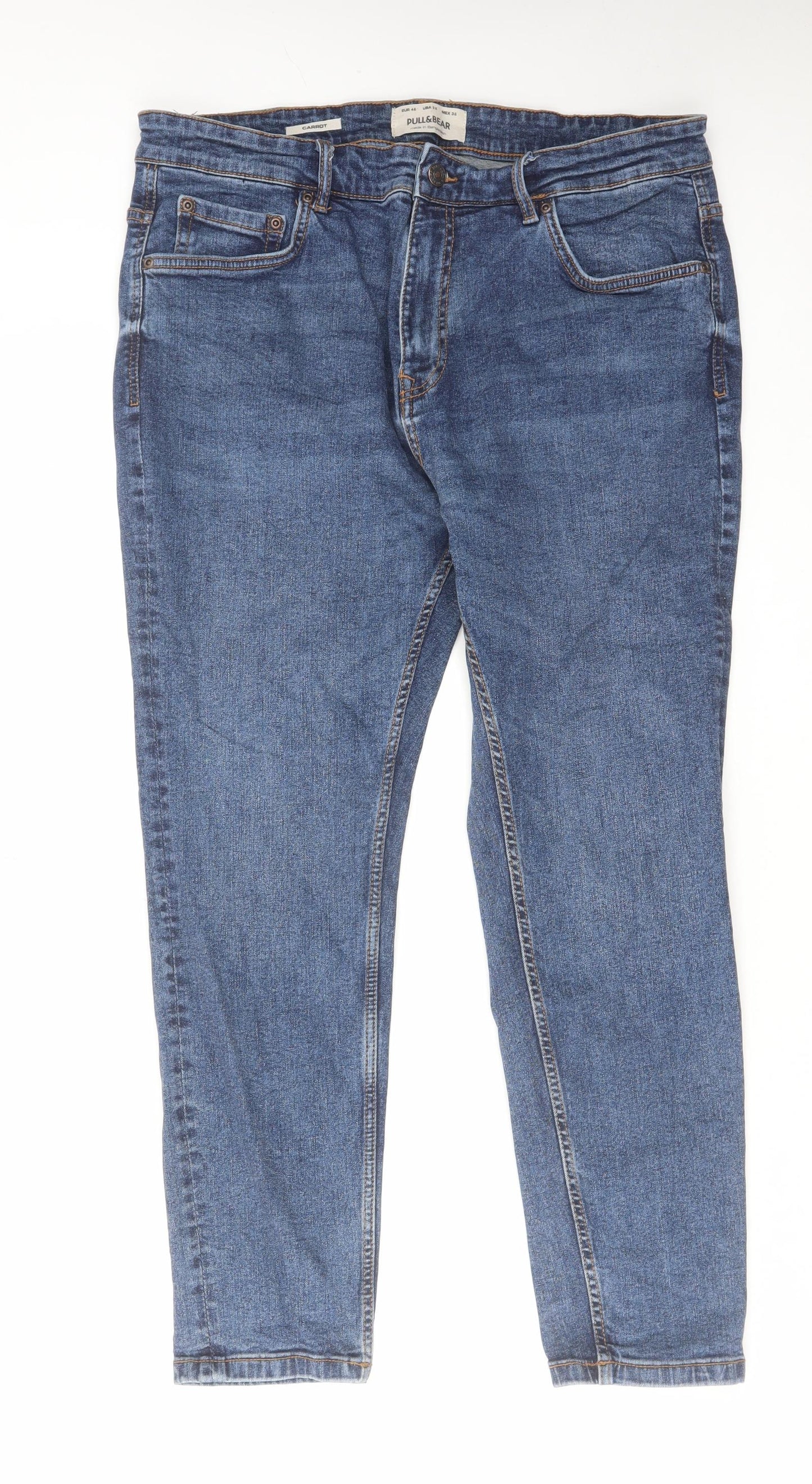 Pull&Bear Mens Blue Cotton Straight Jeans Size 36 in L29 in Regular Zip