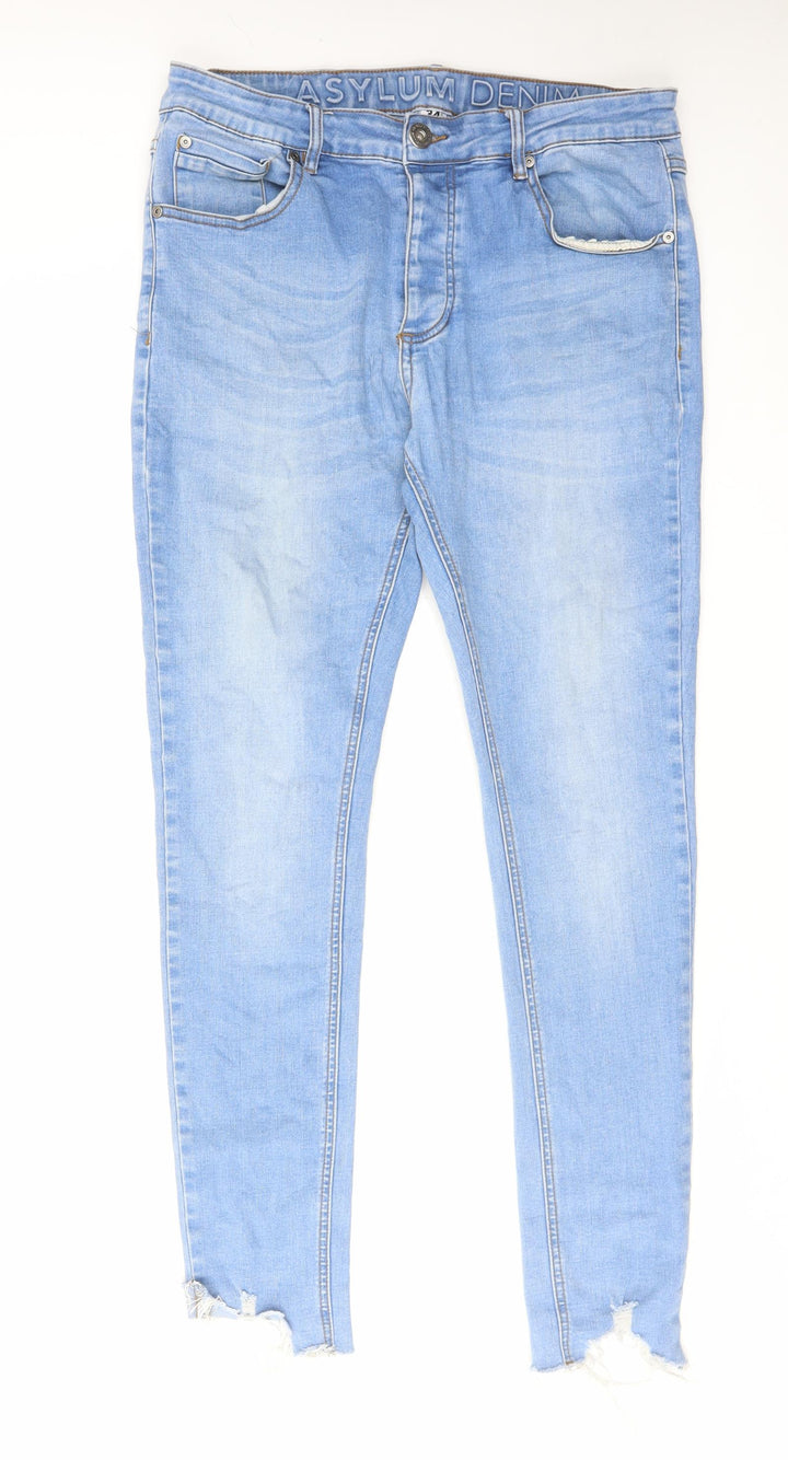 Asylum Womens Blue Cotton Skinny Jeans Size 34 in L30 in Regular Zip - Raw Hems